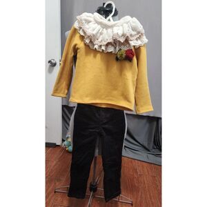 Princess Girls Outfit Set Mustard Yellow Lace Ruffle Collar Fleece Top Pants 5T